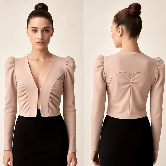 SUGARFLY Heather Fleece Puff Sleeve Crop Bolero Jacket Cardigan Rose Gray Pink S - Picture 1 of 13